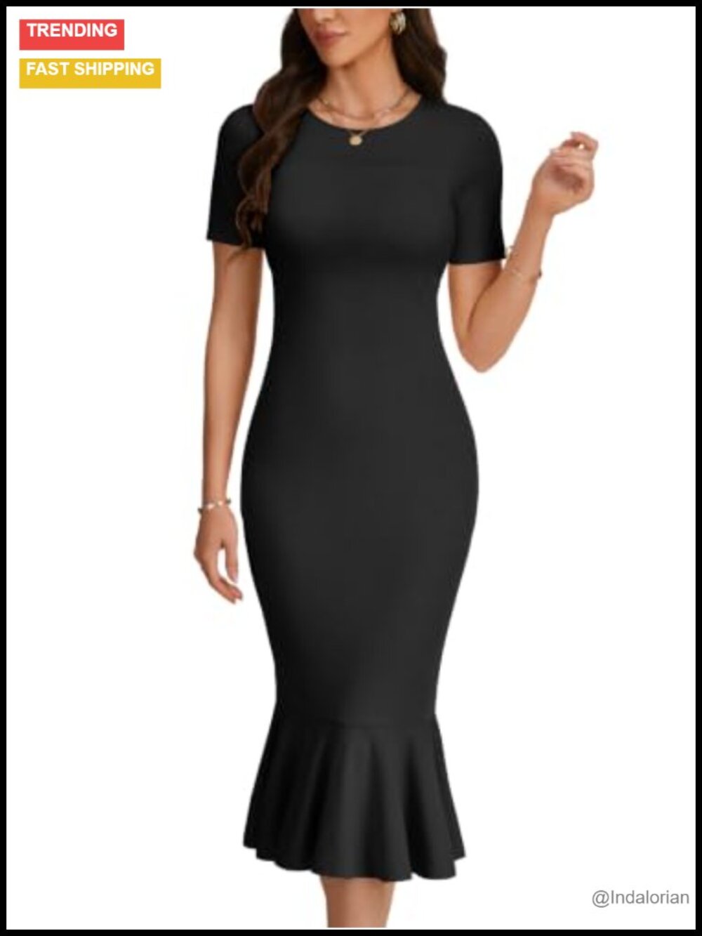 Ribbed Knit Mermaid Dress Short Sleeve Ruffle Hem Bodycon